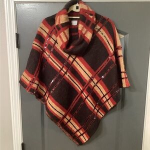 Chico's Plaid Sequin, Cowel Neck Poncho in Red/Black/ Tan, OS